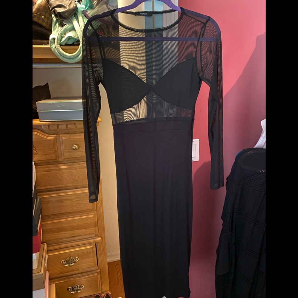 Black Mesh long sleeve midi dress